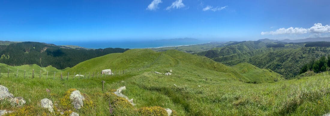 Hills and sea view on the Rocks Viewpoint track in Whareroa Farm on the Kapiti Coast 