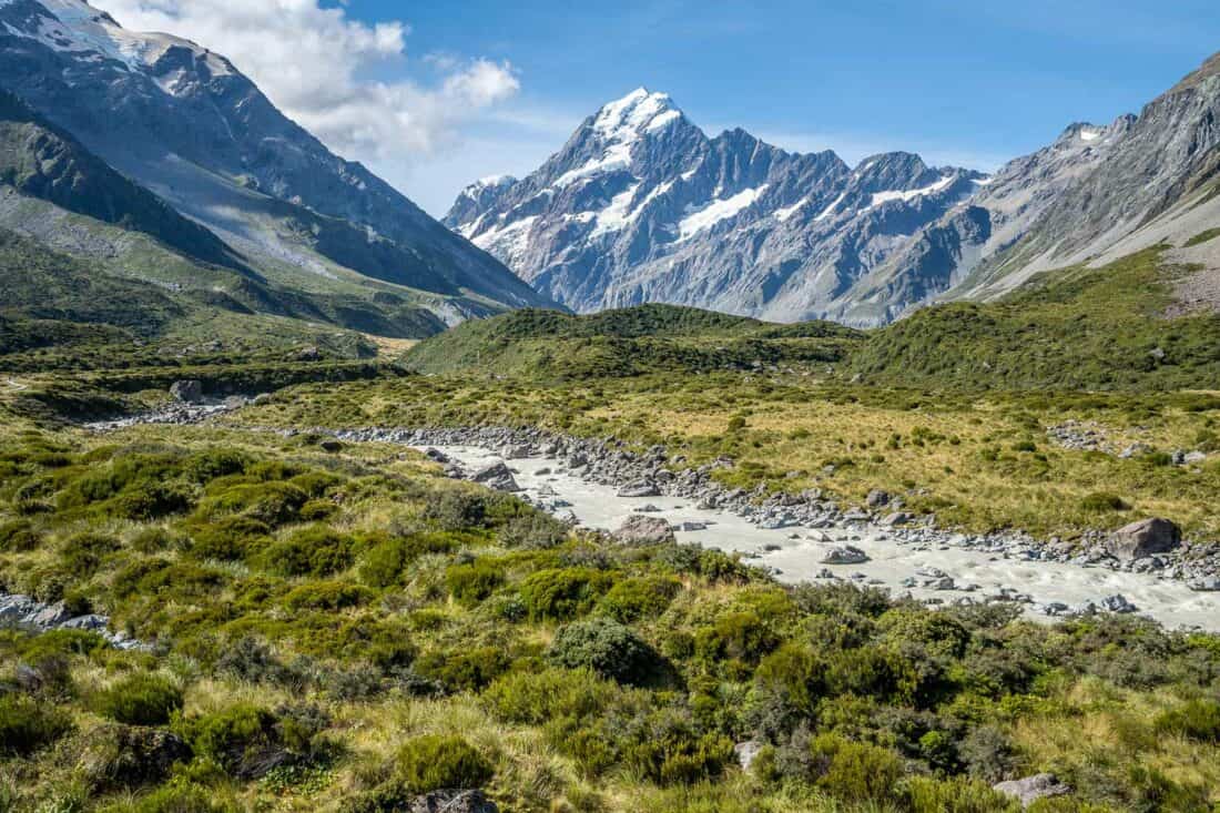 Aoraki Mt Cook is one of the most beautiful places in New Zealand, shown here on the Hooker Valley Track