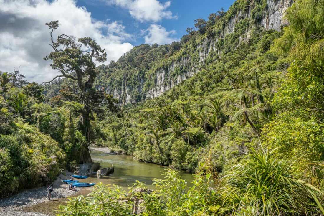 Kayaks in the Pororari River in Punakaiki on the west coast of the South Island of New Zealand