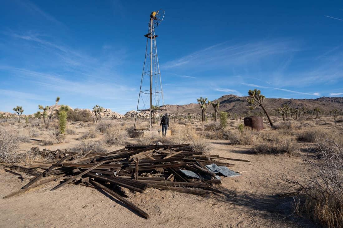 Old windmill seen while hiking the Wall Street Mill trail in Joshua Tree NP