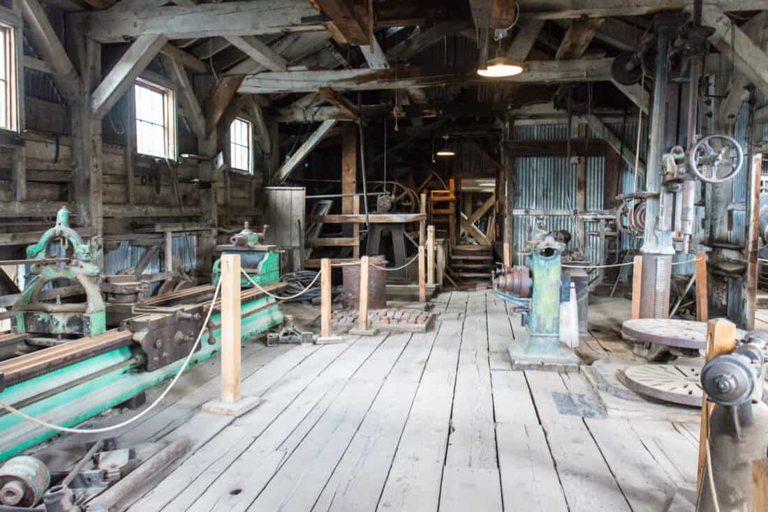 Inside the old gold mining mill in the abandoned ghost town of Bodie, California, at Bodie State Historic Park