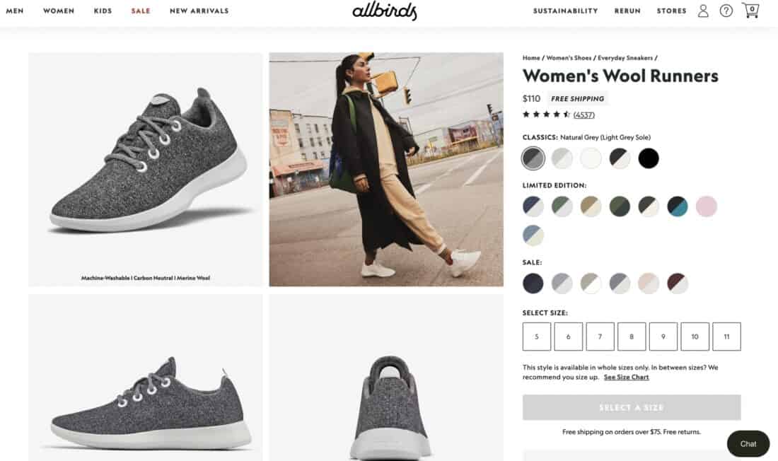 Alllbirds Wool Runners on the Allbirds website