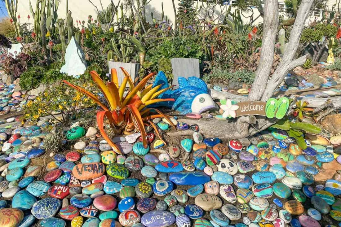 Colourful painted rocks at Dave's Rock Garden near Moonlight Beach in Encinitas San Diego, USA
