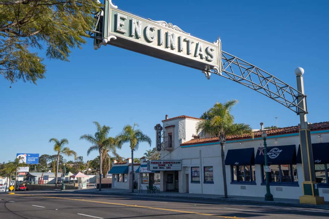 Encinitas sign on Highway 101 in downtown Encinitas, California, USA