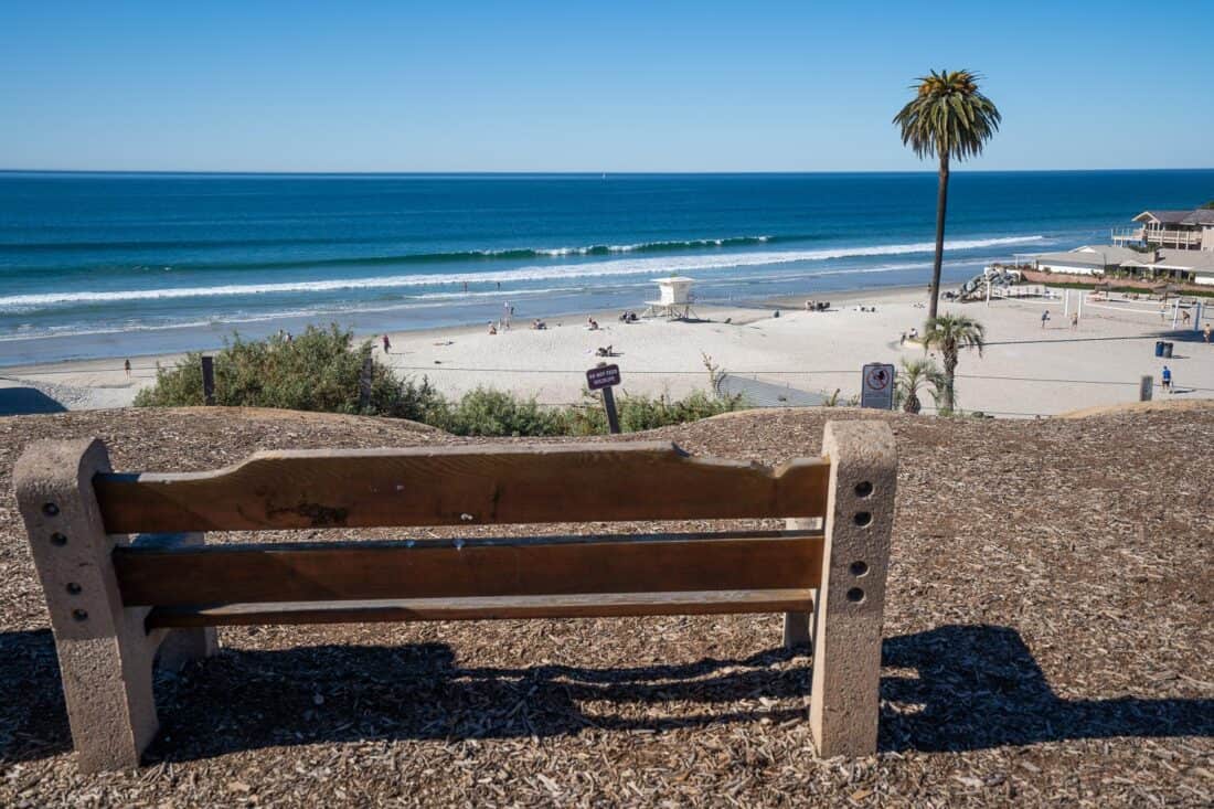 Bench overlooking Moonlight Beach in Encinitas California