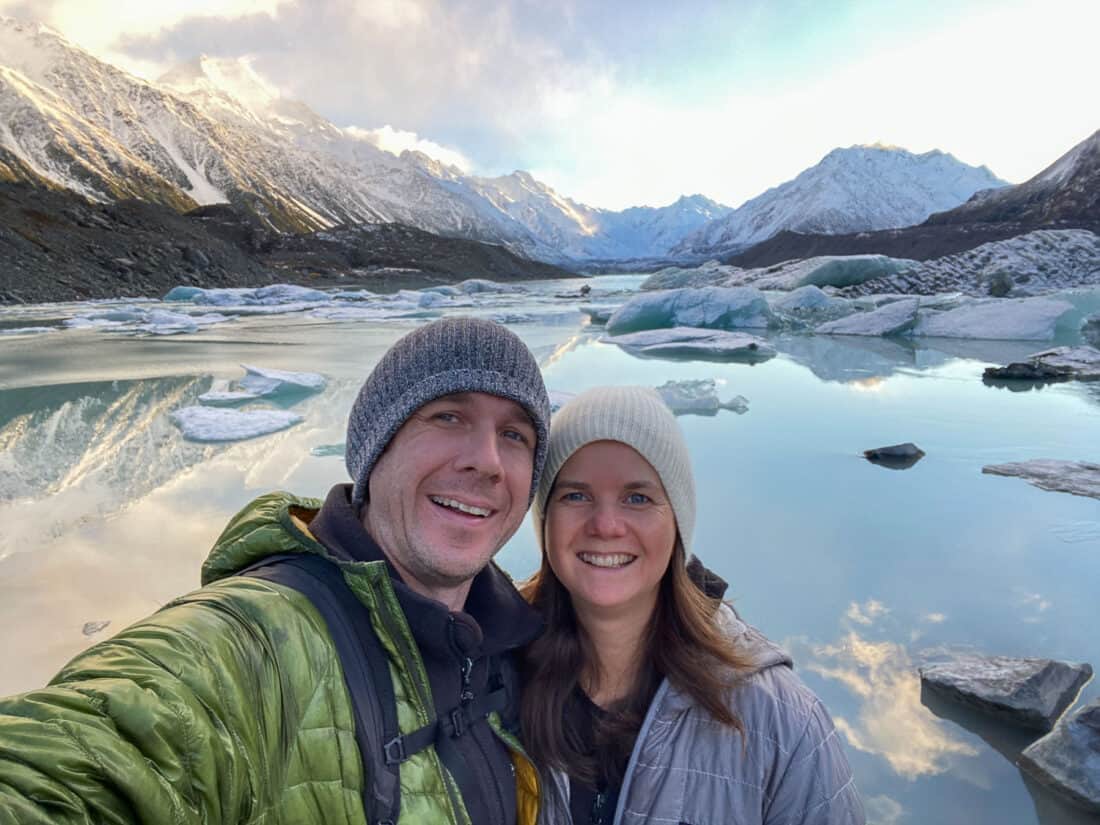 Us at Tasman Glacier lake in Mt Cook