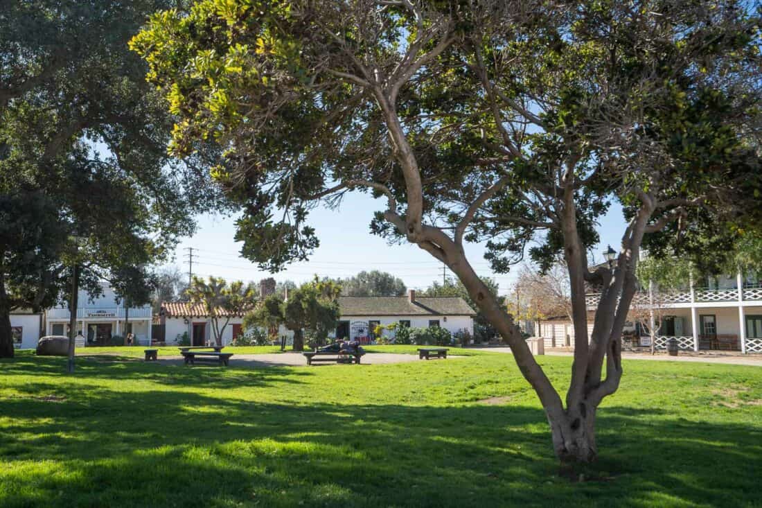 The grassy plaza of Old Town State Historic Park in San Diego