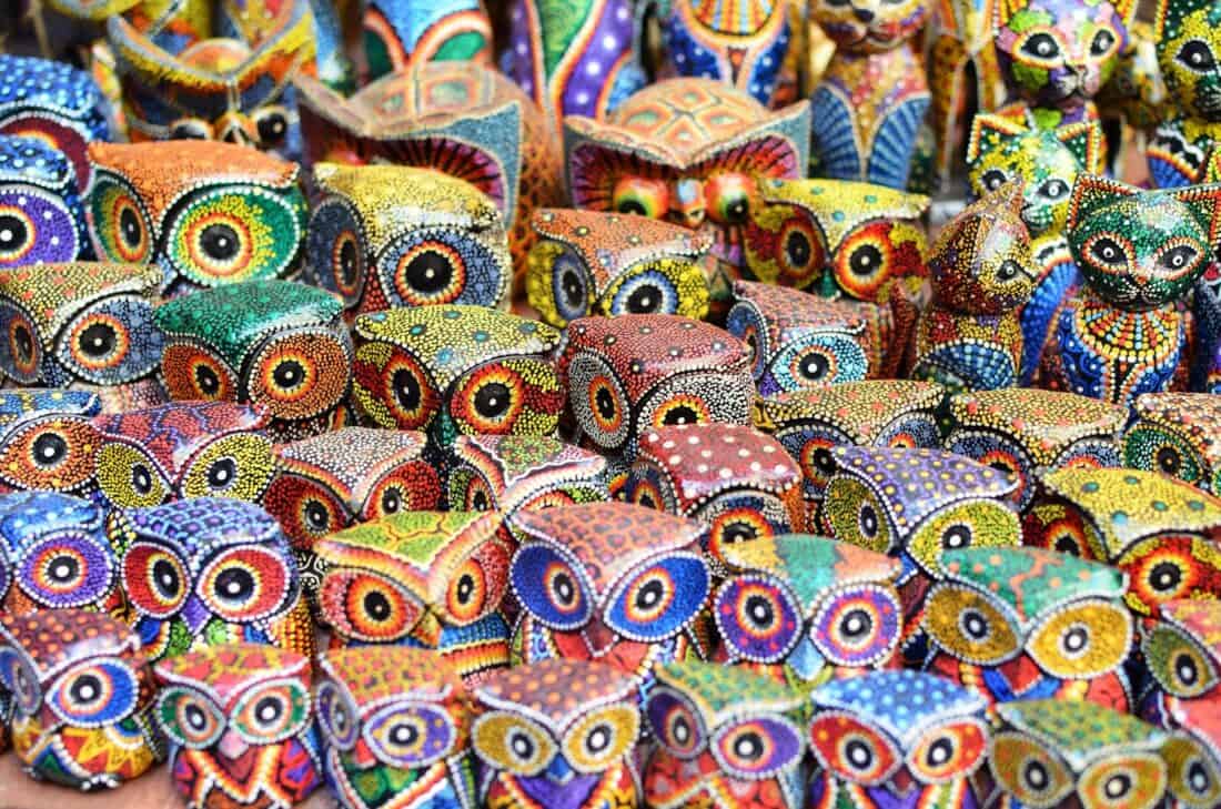 Colourful owl souvenirs at Ubud market, Ubud, Bali