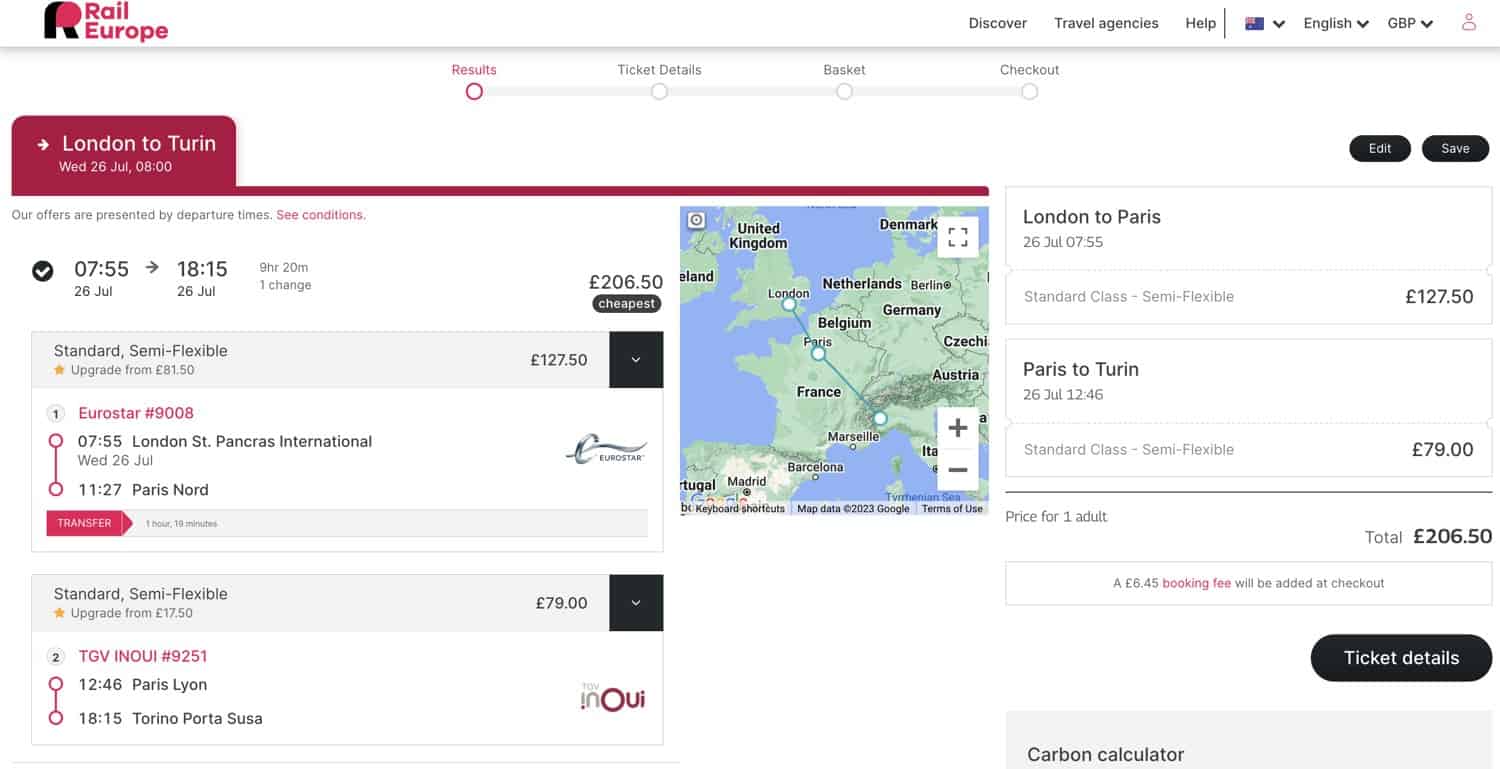 Rail Europe website showing an itinerary for a London to Italy train trip.