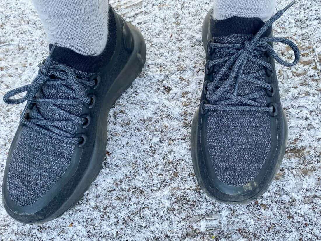 Wearing Allbirds Trail Runners in the snow