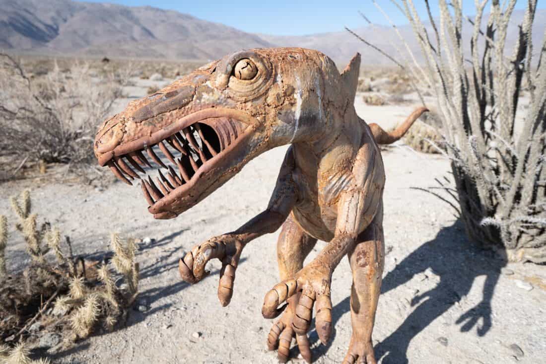 Baby Spinosaurus dinosaur sculpture in Anza Borrego desert park