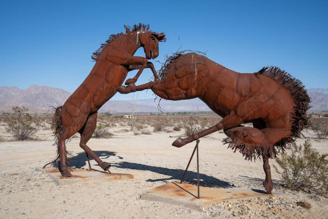 Metal statue of fighting horses in Borrego Springs, California, USA