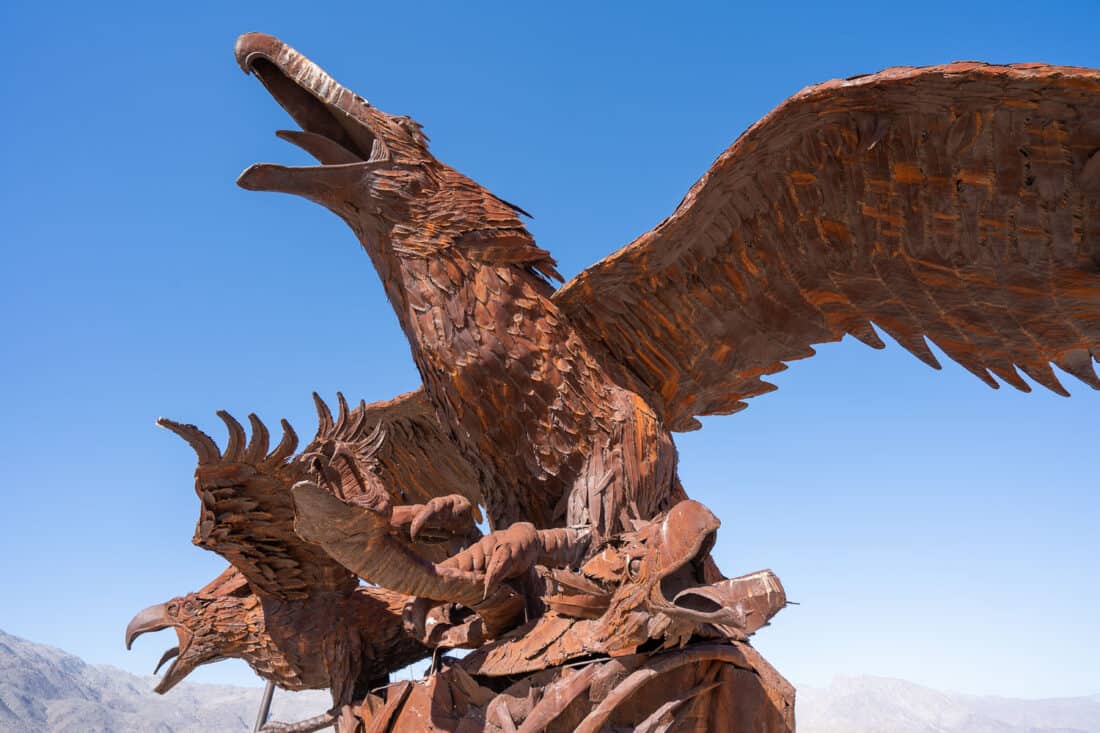 Aiolornis Incredibilis or Incredible Wind God Bird metal sculpture in Borrego Springs, California. USA