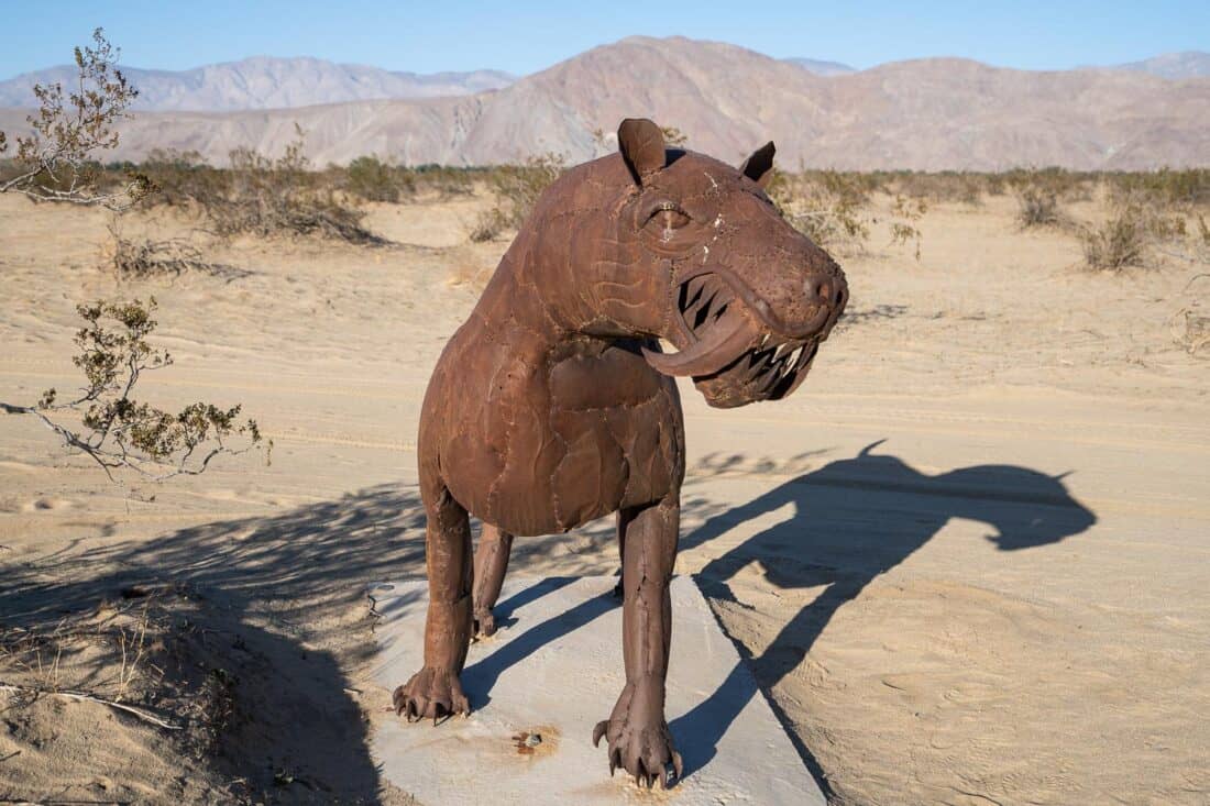 Sabertooth cat metal sculpture in Galleta Meadows, Borrego Springs