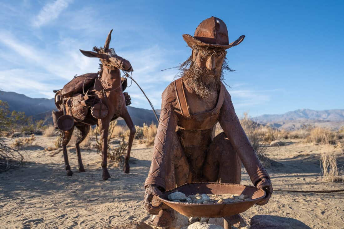 Gold miner and mule sculpture in Borrego Springs, California, USA