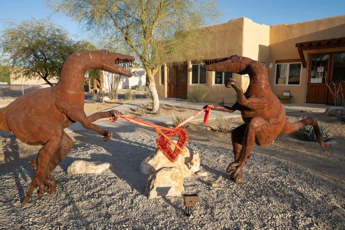 Velociraptors metal art at Borrego Springs Chamber of Commerce