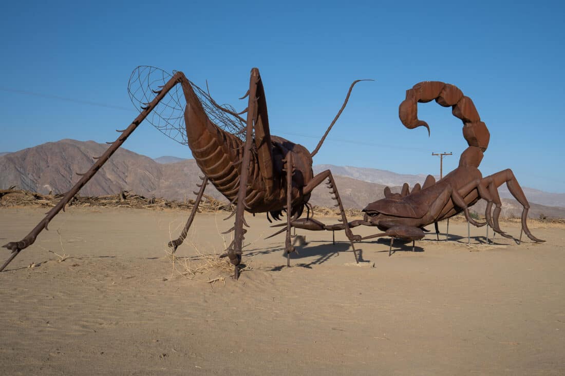 Scorpion and Grasshopper, two of the best anza borrego desert park sculptures, California, USA