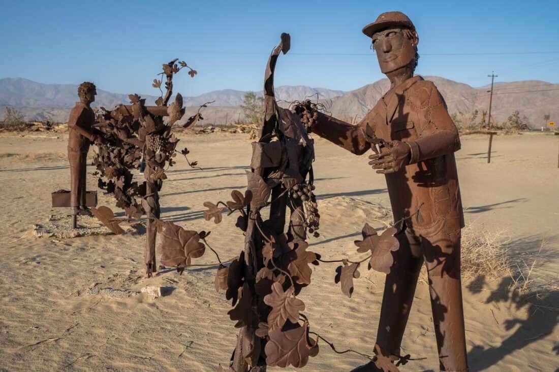 Vineyard farm workers metal art in Borrego Springs, California, USA