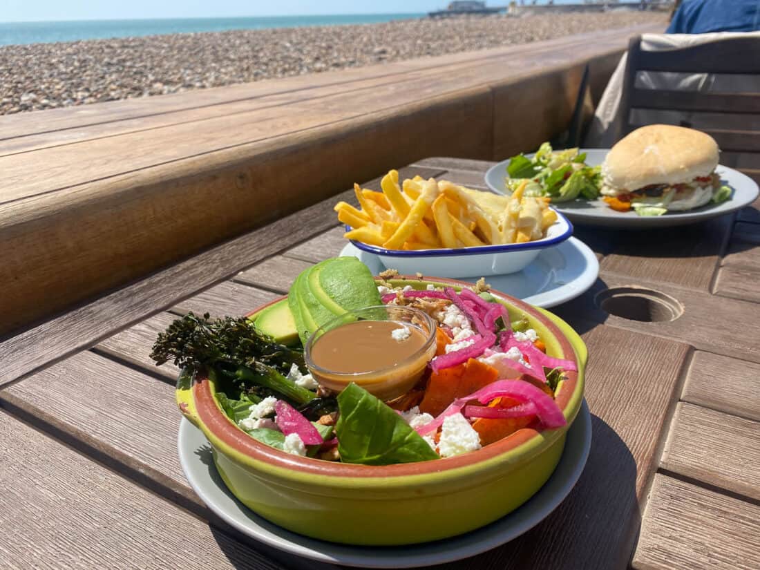 Buddha Bowl, fries and halloumi bap at Coast Cafe, Worthing