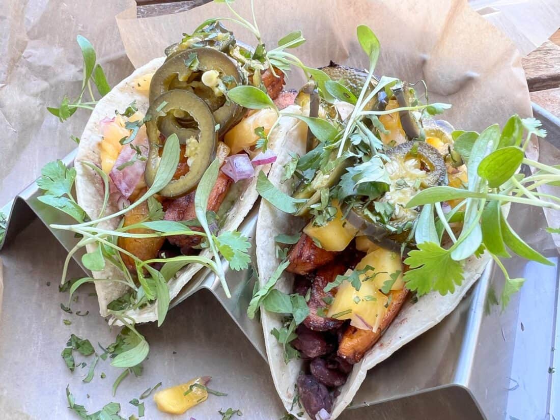 Fried plantain taco at Crudo Mexican restaurant in Worthing, England