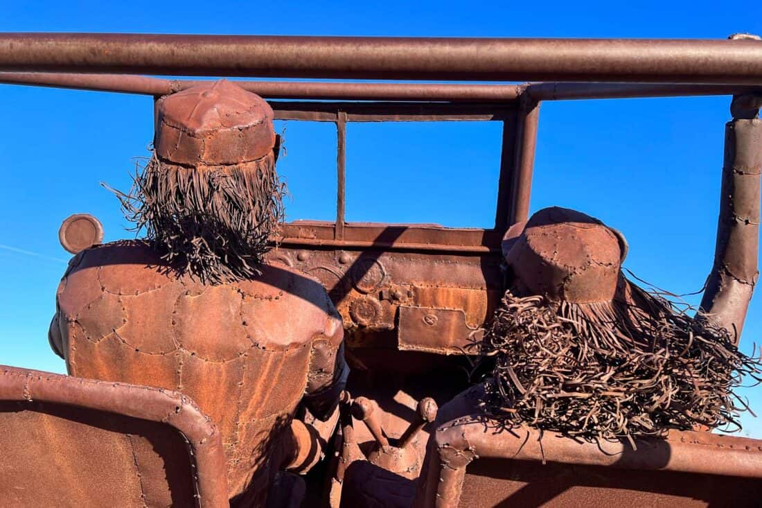 Close up of passengers in Willys Jeep sculpture in Galleta Meadows, Borrego Springs, California, USA