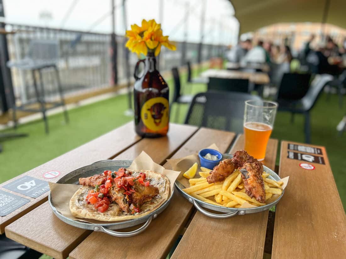 Banana blossom flatbread and vegan classic fish and chips at Level 1 in Worthing, West Sussex