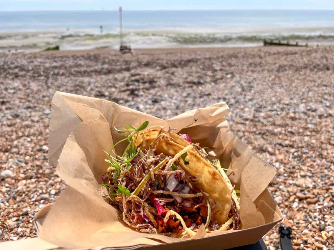 Vegetarian jackfruit tacos at Taco Look at Me Now food truck on Worthing Seafront