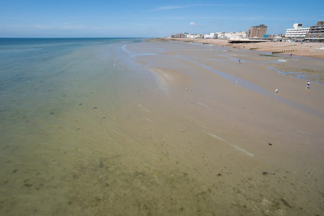 Sandy section at Worthing Beach at low tide.