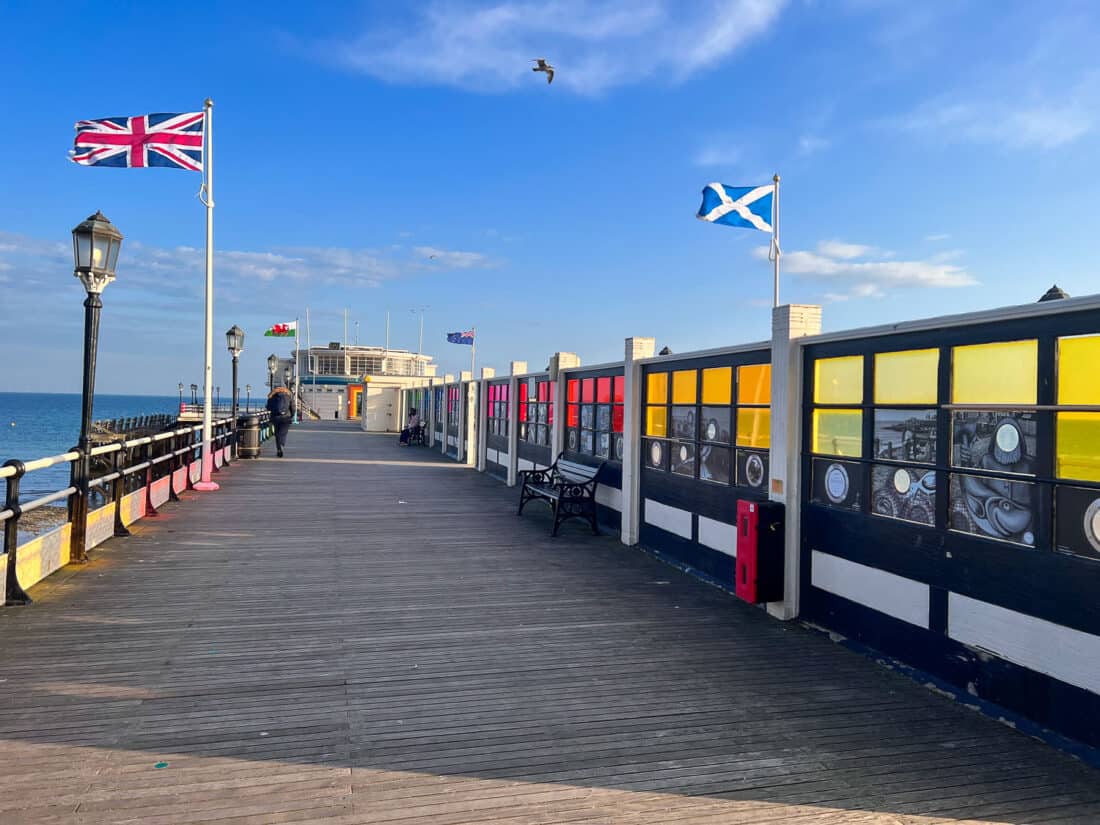 Coloured stained glass windows along Worthing Pier, England