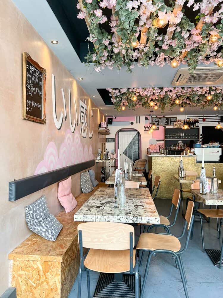 The lovely cherry blossom-filled interior of Yamu Yamu restaurant in Worthing