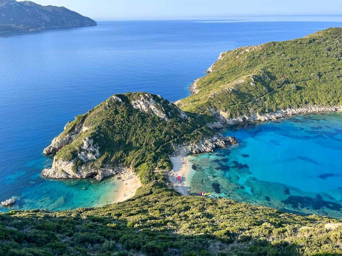 The upper Porto Timoni viewpoint of the double beach in Corfu