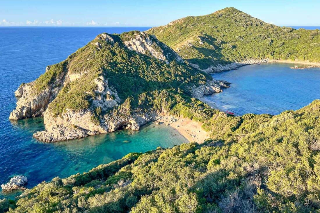 The view of the Porto Timoni twin bays from above in Corfu