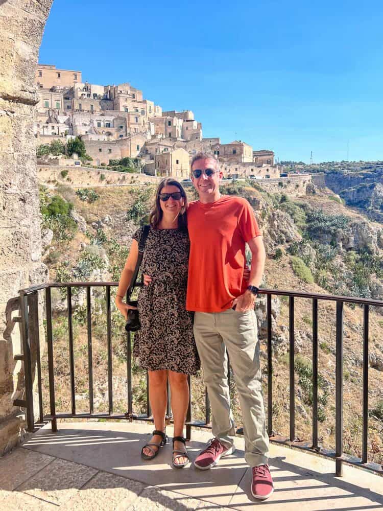 Erin and Simon at Piazza San Pietro Caveoso viewpoint in Matera, Basilicata