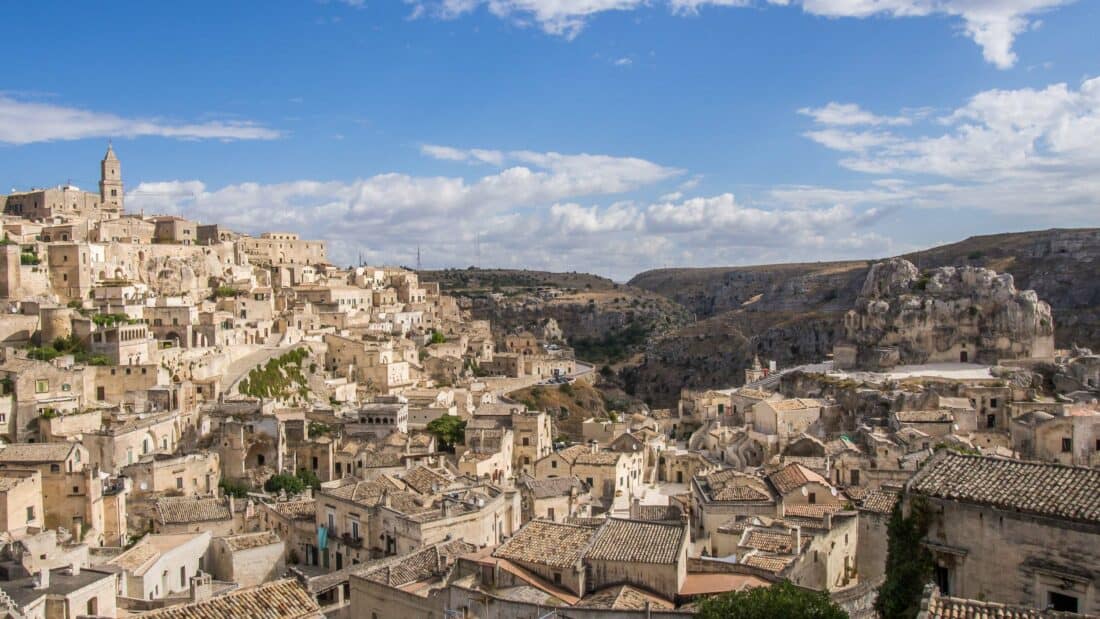 View of Matera sassi including the cathedral and Santa Maria di Idris rock church