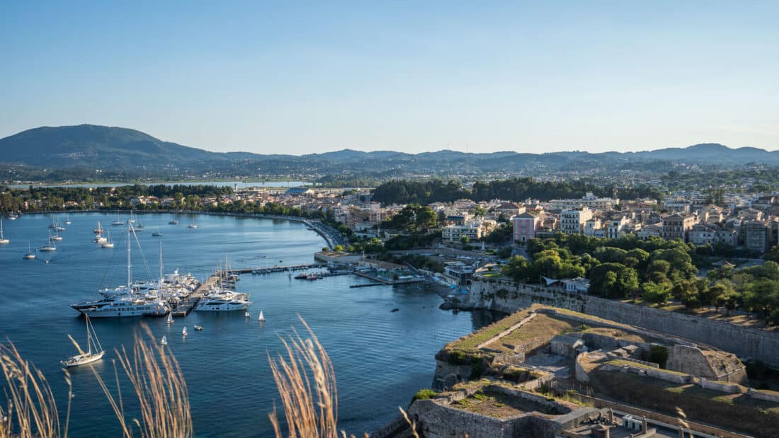 View of Old Fortress, Corfu Town and the sea, Greece