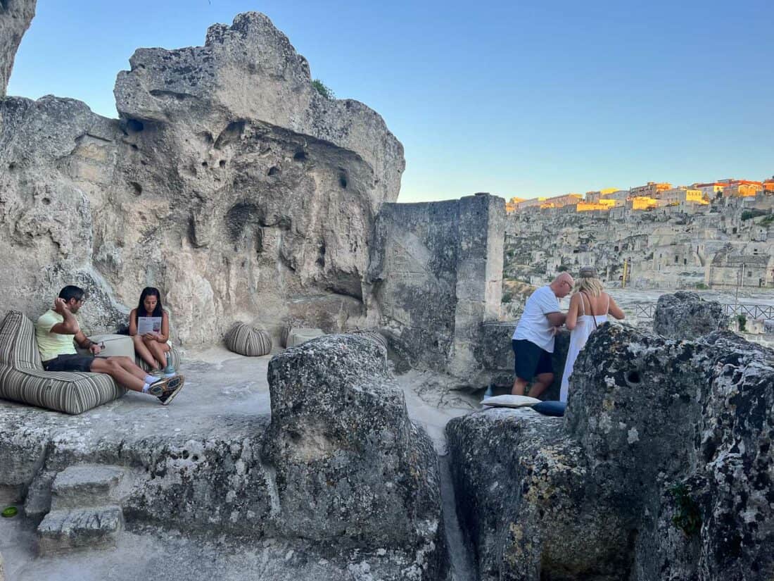 Bean bag chairs on terrace, Zipa, Matera, Italy