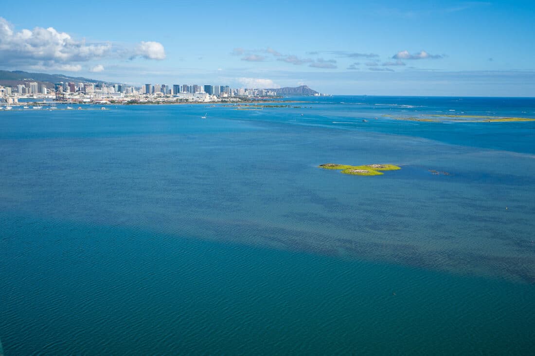 Ke’ehi Lagoon in Honolulu from above on a helicopter ride over Oahu
