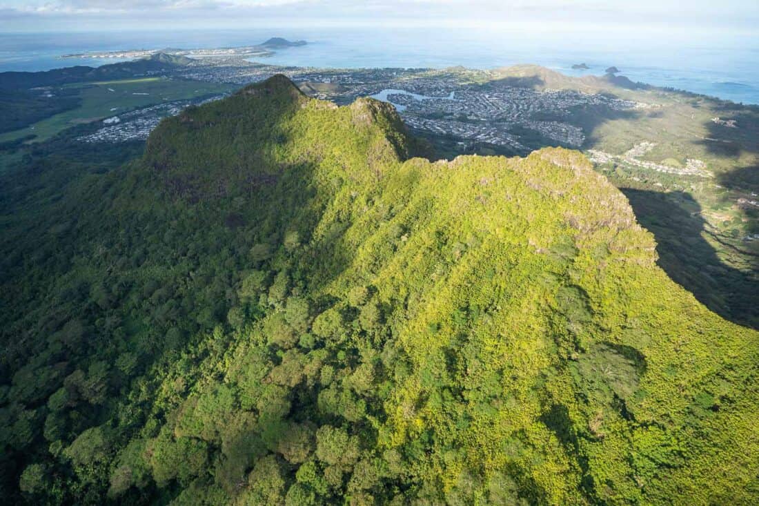 Olomana or the Three Peaks on Oahu from a helicopter