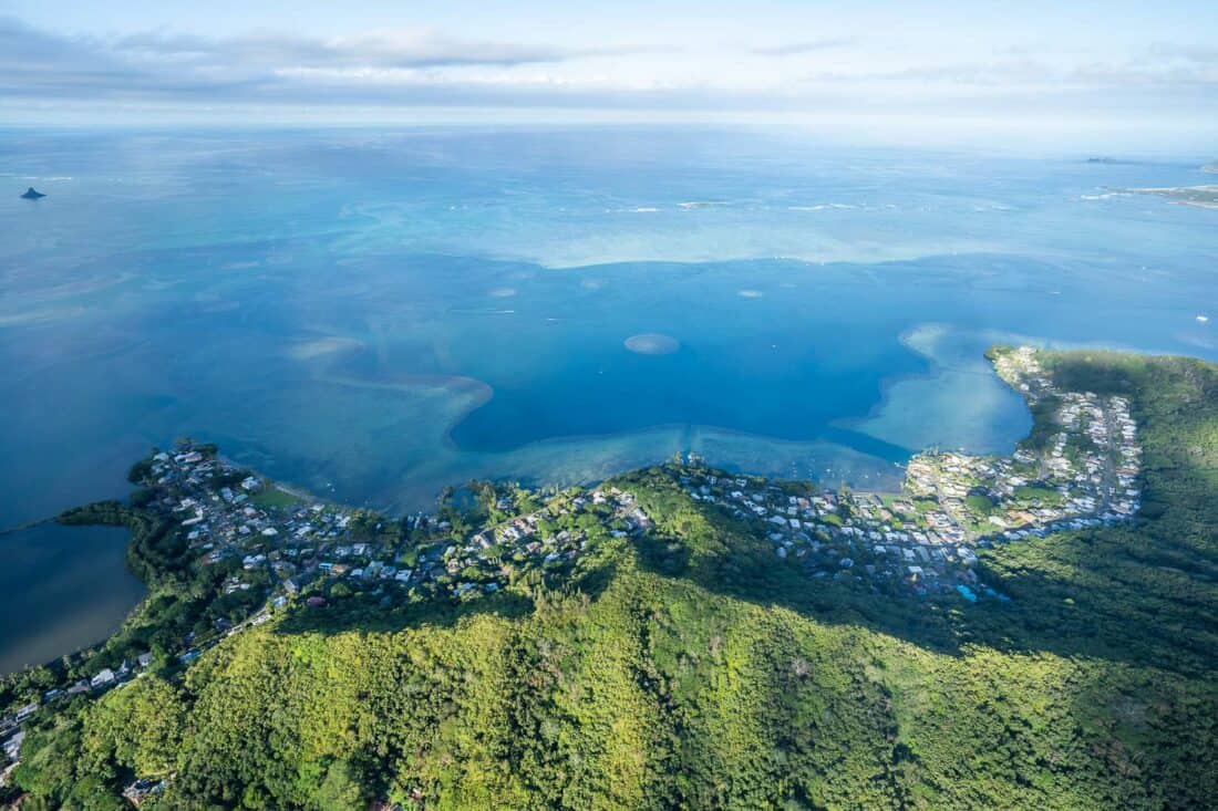 Kaneohe Sandbar on Oahu from above on a doors off helicopter tour