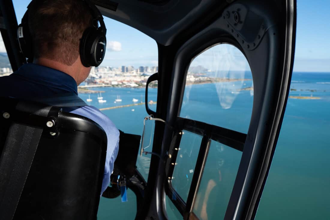 Pilot on a helicopter ride in Oahu