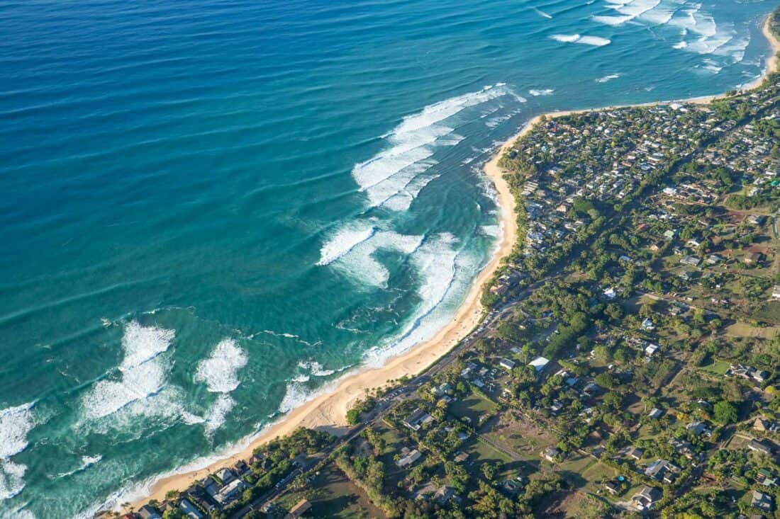 Sunset Beach on Oahu's North Shore from above on a helicopter trip