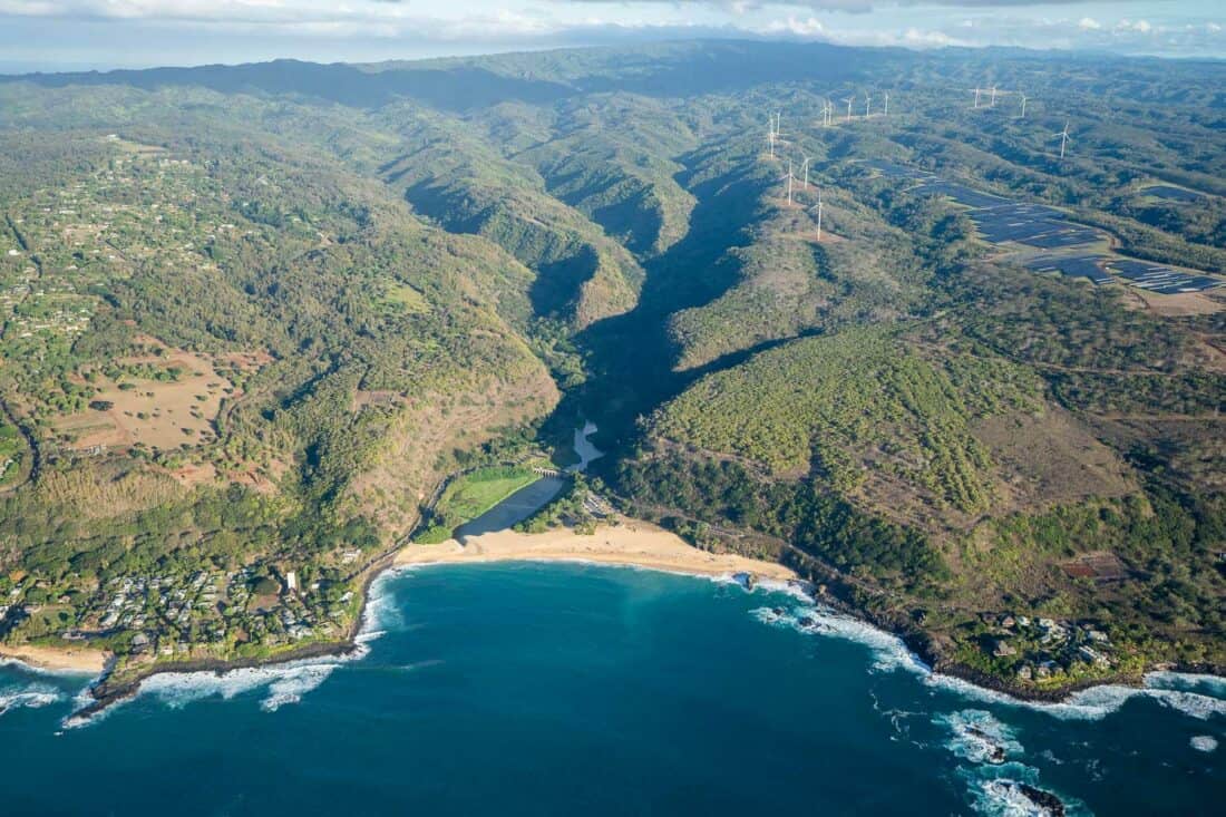 Waimea Bay on Oahu North Shore from a helicopter