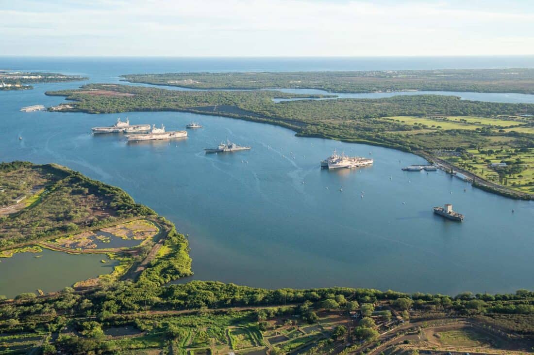 Pearl Harbor naval base on Oahu from above