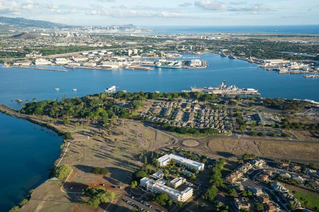 Pearl Harbor naval base, USS Arizona Memorial and Honolulu from an Oahu helicopter tour