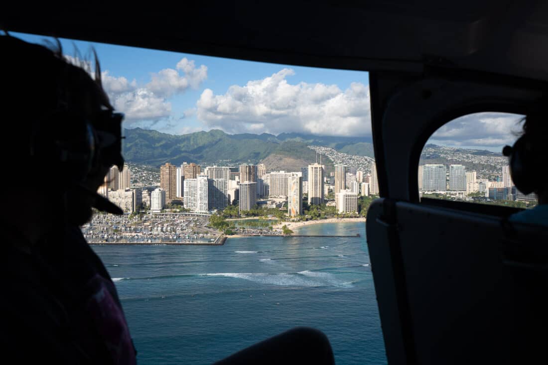 Waikiki from a doors off helicopter tour of Oahu