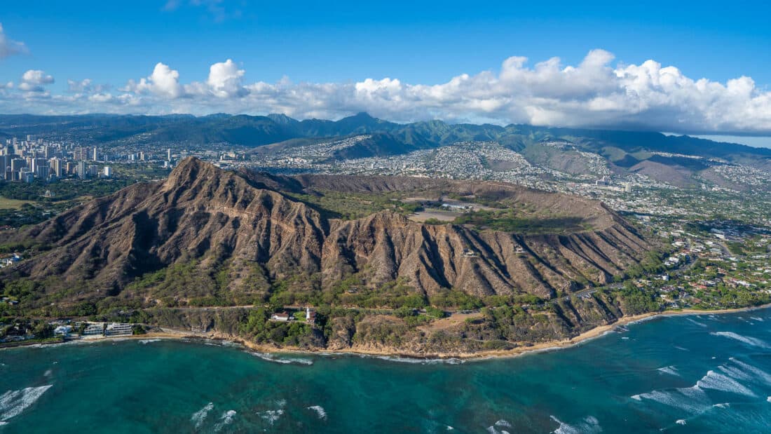 Diamond Head from above on a doors off helicopter in Oahu