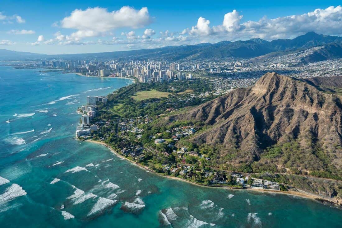 Diamond Head and Waikiki from above on a helicopter tour