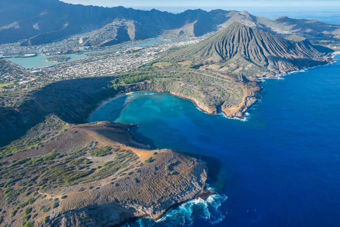 Koko Crater and Hanauma Bay on Oahu from a helicopter