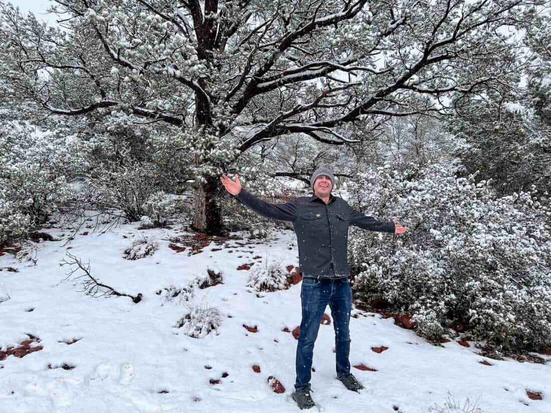 Simon in Bluffworks shirt jacket in the snow in Sedona