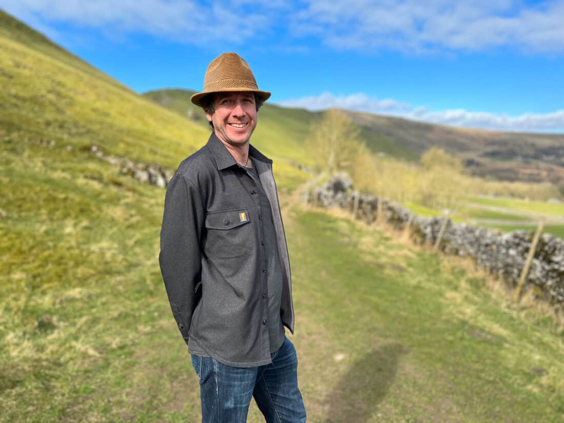 Simon in Bluffworks shirt jacket hiking in the Peak District, England